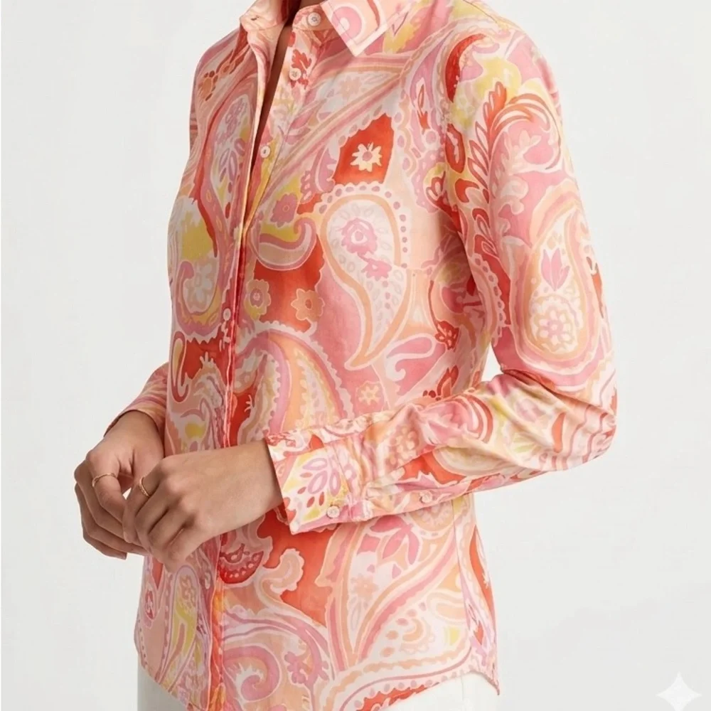 TALBOTS Modern Classic Paisley Blouse Pink Orange Button Down Boho Chic S - Picture 1 of 7